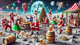 DALL·E 2024-12-22 15.24.08 - A lively Christmas beer party on the Moon, featuring cheerful Christmas fairies and tipsy Santa Clauses. The lunar surface is decorated with festive e.webp